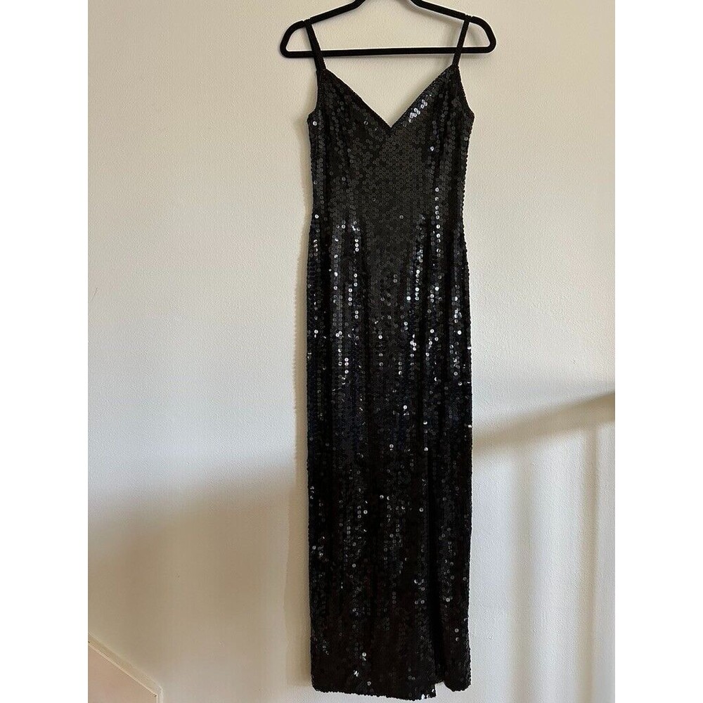 VTG 80s 90s Niteline Black Sequin Slit Maxi Cocktail Dress Sz 6 Hollywood Glam